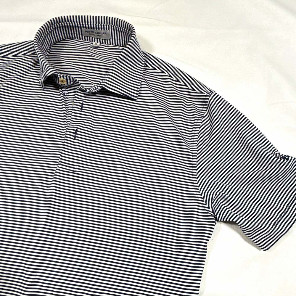 Peter Millar Summer Comfort Men’s Polo Shirt M Regular Navy/White Striped Logo